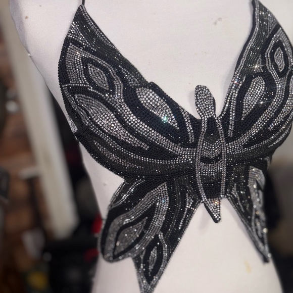 butterfly-shaped halter top features intricate black and silver detailing - Picture 11 of 13